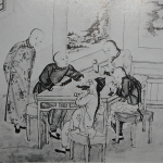 In an early 20th century Japanese text on 'customs of old Beijing,' this depiction of mahjong was flanked by illustrations of an opium den and a "tea house"-cum-brothel